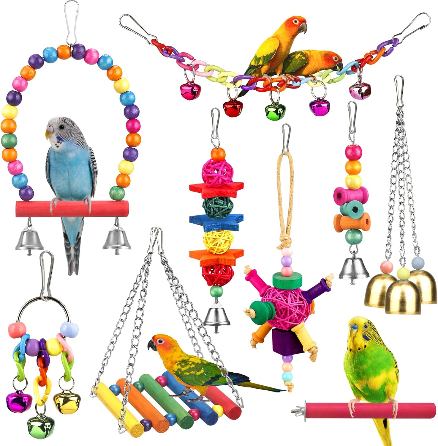 Bird Toys for Conures with Colorful Ladder Hammock Bird Cage Accerious Bird Perch Stand Chewing Toys Hanging Bell for Parrot Parakeet Cockatiel Lovebirds Bird Toys for Conures with Colorful Ladder Hammock Bird Cage Accerious Bird Perch Stand Chewing Toys Hanging Bell for Parrot Parakeet Cockatiel Lovebirds - Image 1